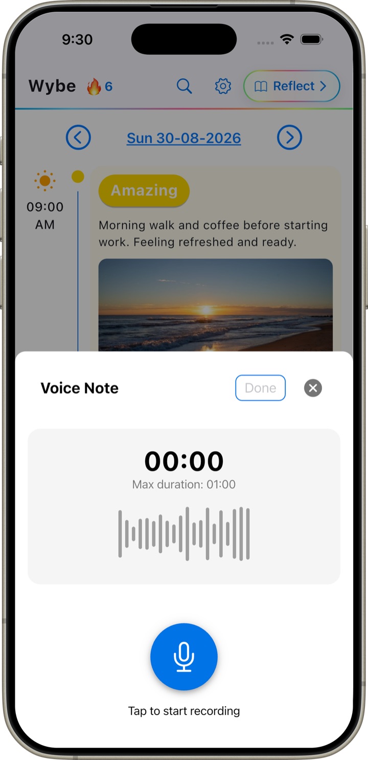 Voice note recorder open over a Wybe check-in, ready to capture how the moment felt