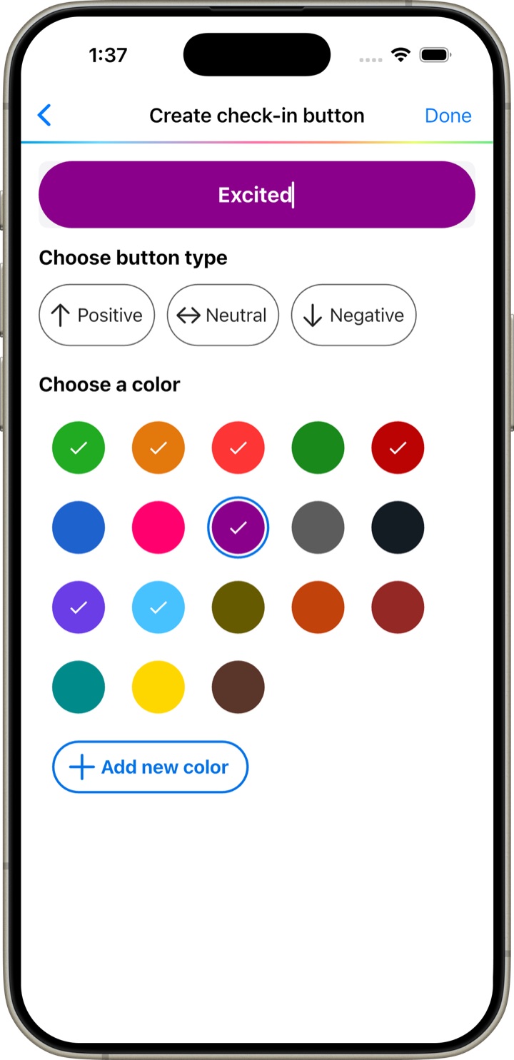 Create Check-In Button screen: a text field for the mood name, a positive / neutral / negative choice, and a color picker