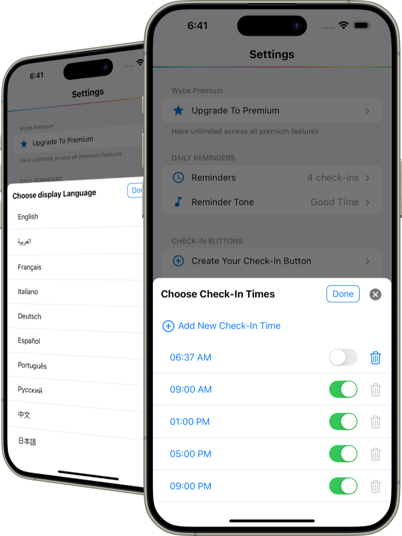 Wybe settings showing daily reminders with multiple custom check-in times, a reminder tone, and the display-language list of 11 languages